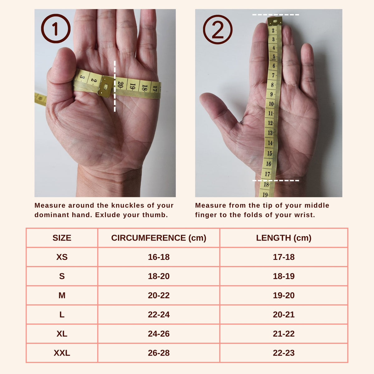 Measurement guide for sizing a product, showing two numbered hand-measuring demonstrations above a size chart table with columns for size, circumference in cm, and length in cm.