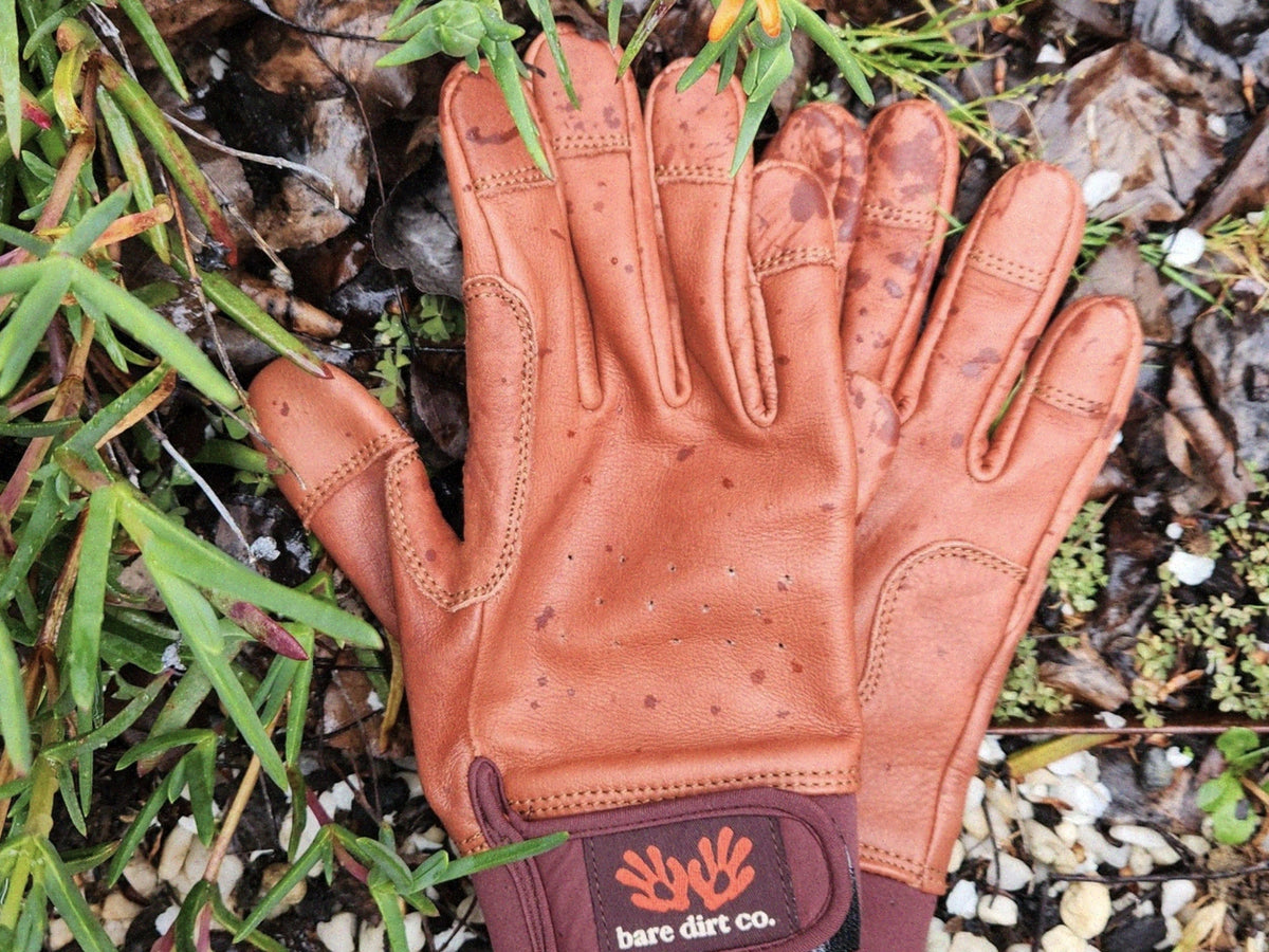 A pair of bare dirt co. brown leather gardening gloves with dirt splatters, laid flat on a bed of green grass, soil, and dry leaves.