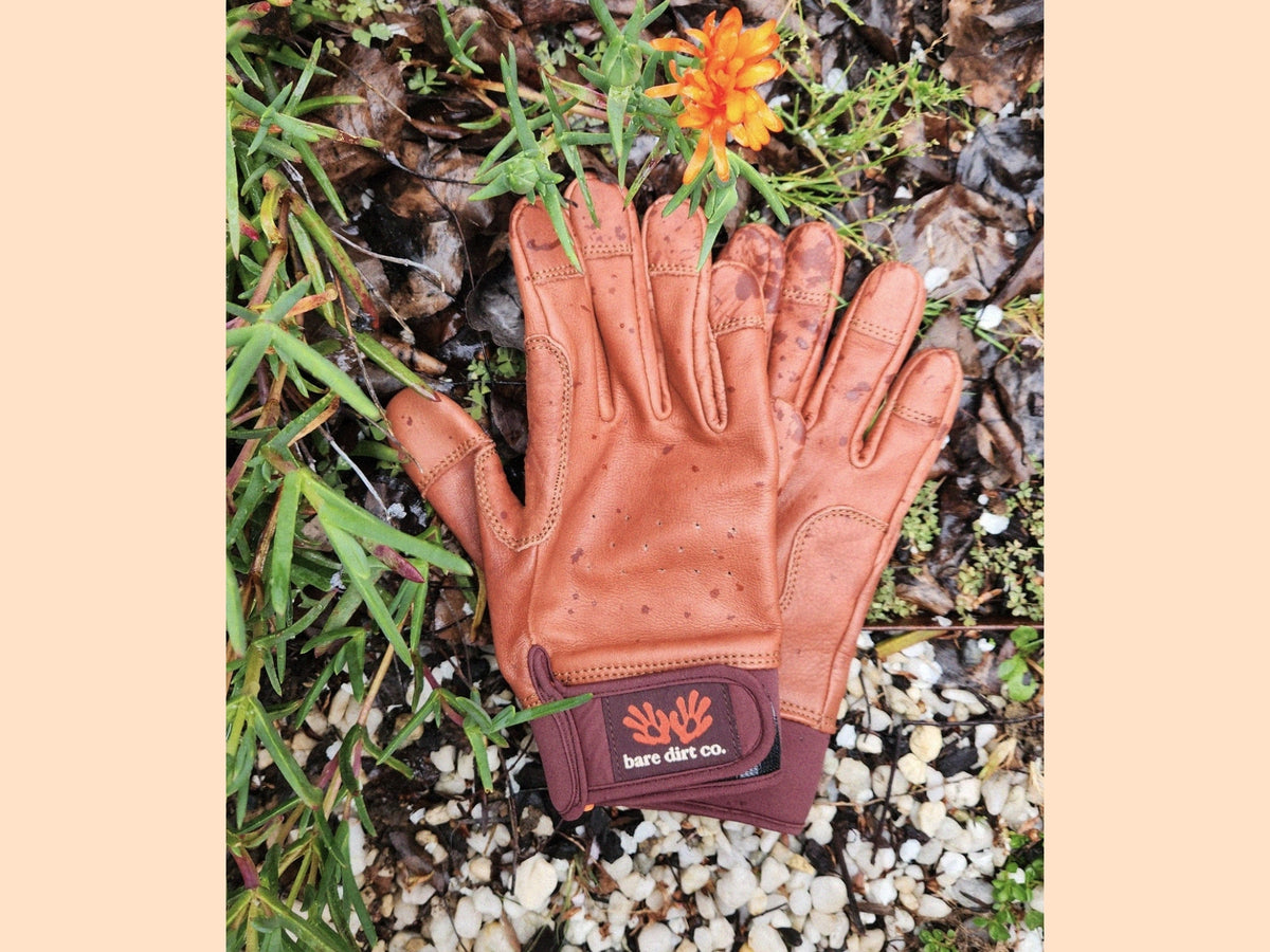 The Foundation leather garden glove with a dark brown cuff label reading bare dirt co., placed on a bed of gravel, leaves, and green grass with a small orange flower