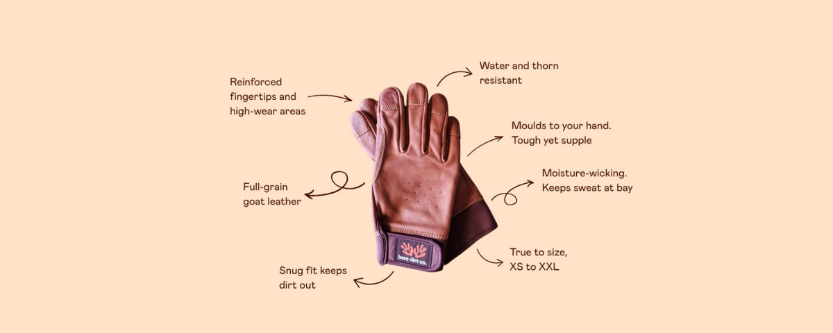 A single brown protective work glove shown on a pale peach background with multiple callout lines and text labels pointing to features such as reinforced fingertips, water and thorn resistance, mould fit, moisture-wicking, and true to size.